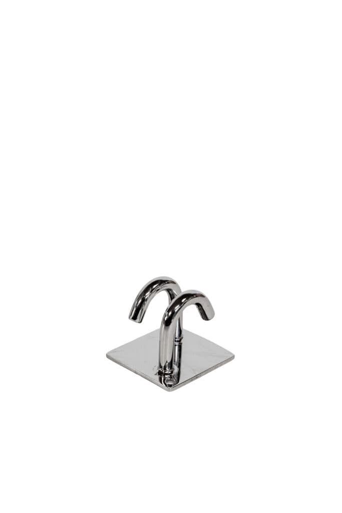 AISI316 mirror-polished stainless steel cable gland, double hook, diam. 10 mm rod, 6.5 × 6.5 cm plate, 3 mm thickness