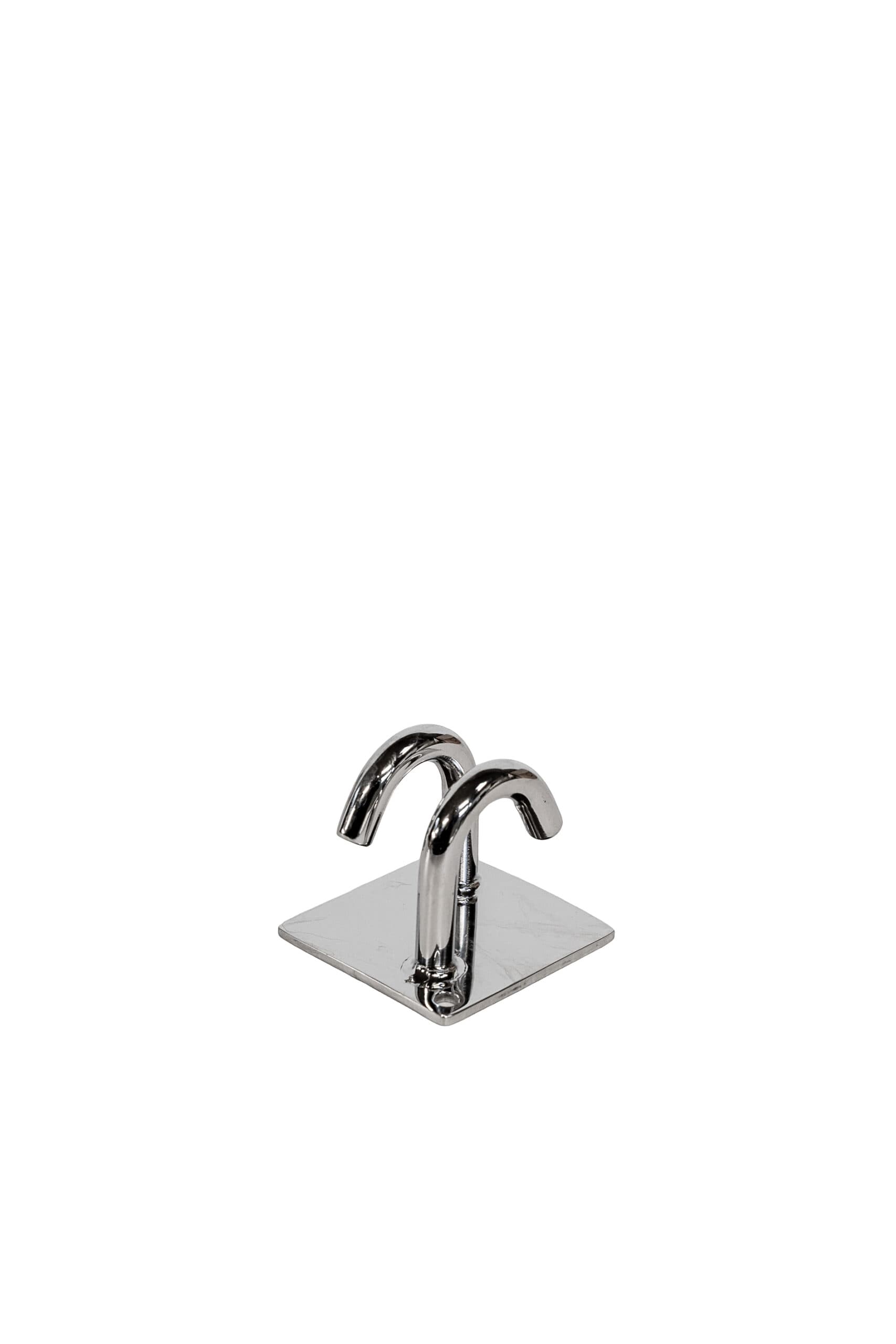AISI316 mirror-polished stainless steel cable gland, double hook, diam. 10 mm rod, 6.5 × 6.5 cm plate, 3 mm thickness