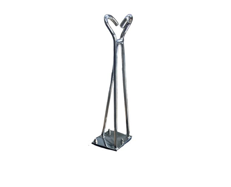 AISI316 stainless steel spacer stanchion, mirror-polished, with 6 mm thick base; 10 mm wire in the center and 8 mm wire on both sides; length 25–35 cm.
